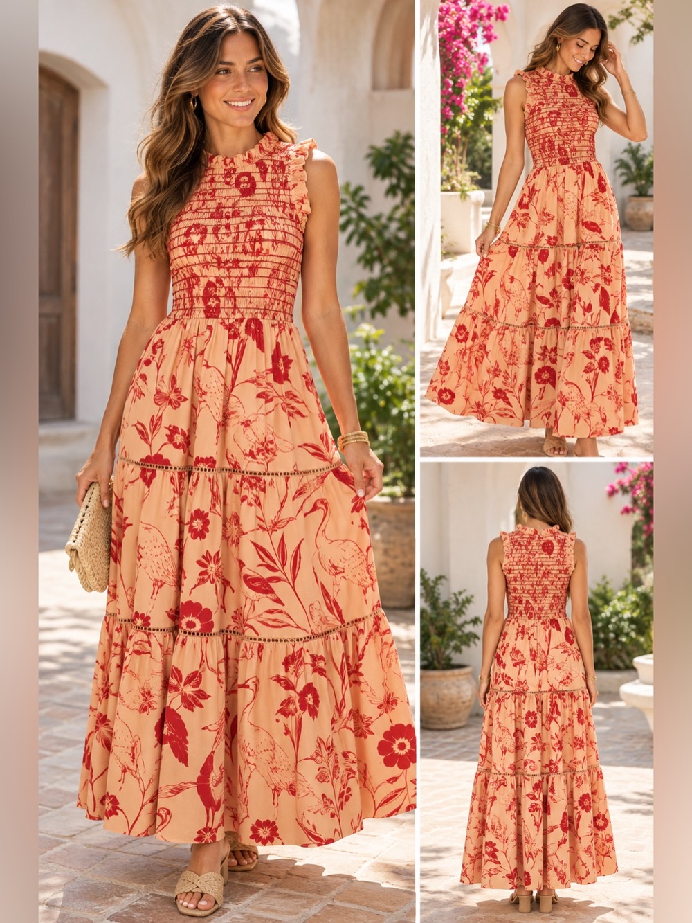Oliphant XS Peach Red Bird Floral Smocked Tiered Maxi Dress Resort Boho